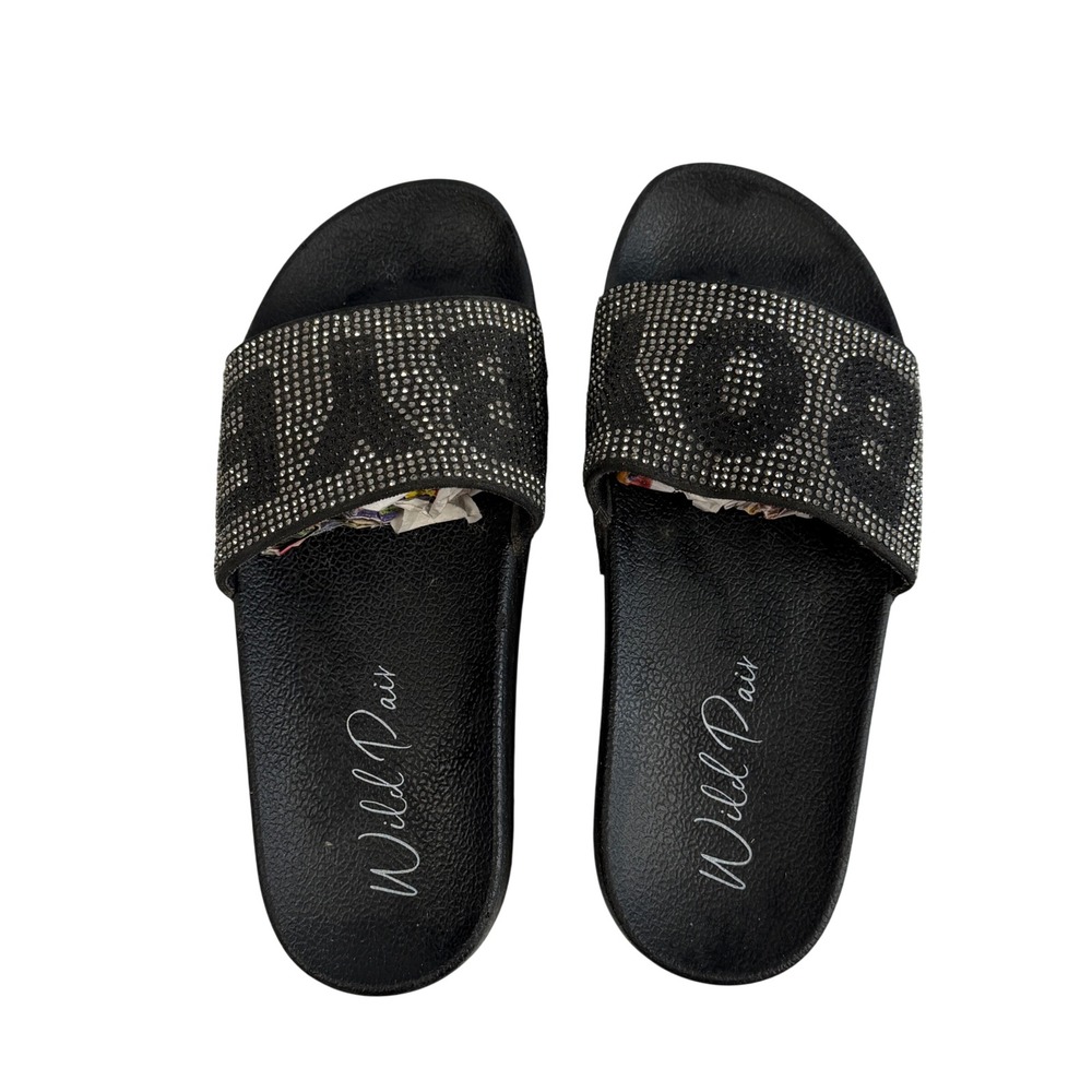 Black Rhinestone Embellished Slides Platform Sandals Women 6 Festival Beaded